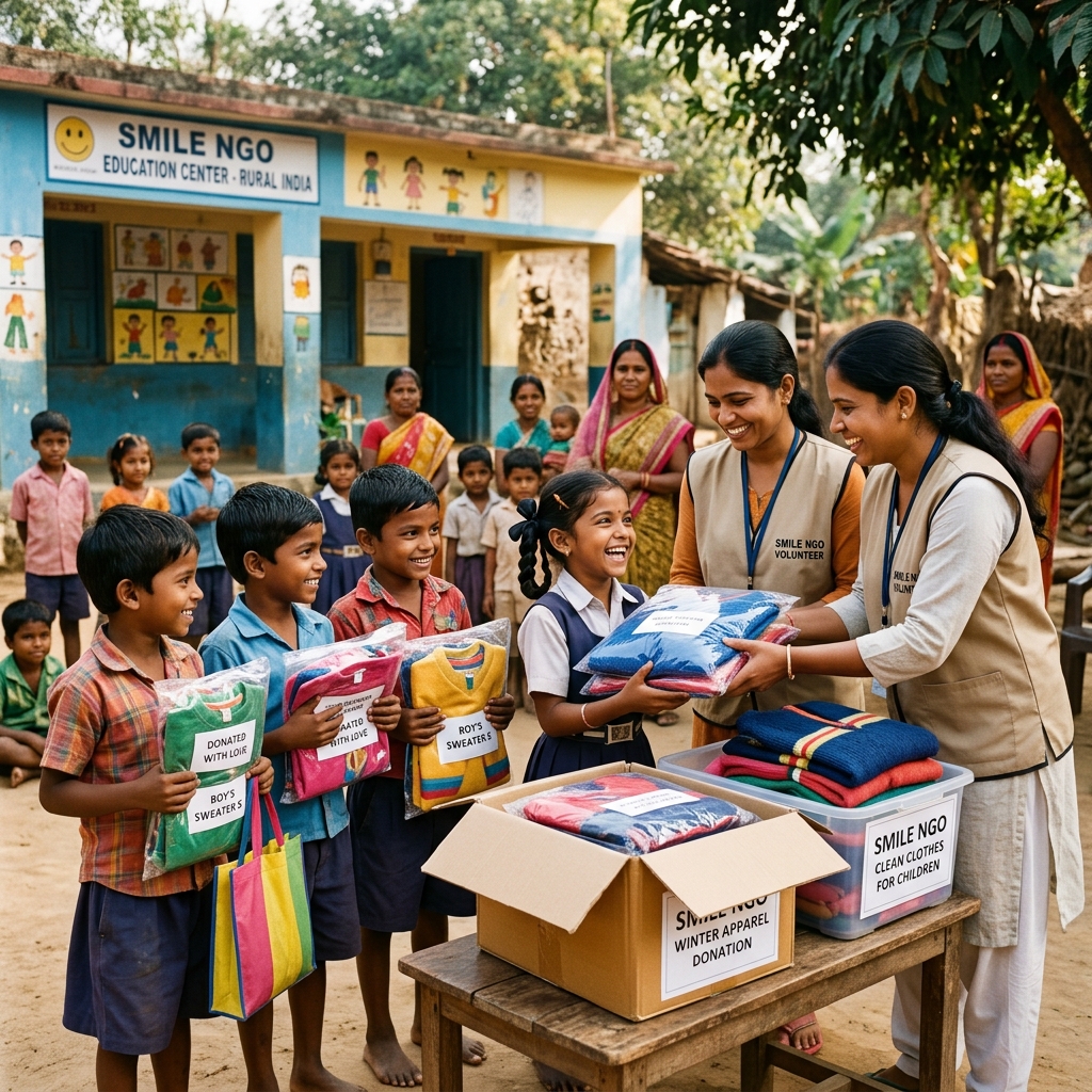 Children in Delhi receiving fresh sanitized clothes packages from DAANIQ Arpan Kendra